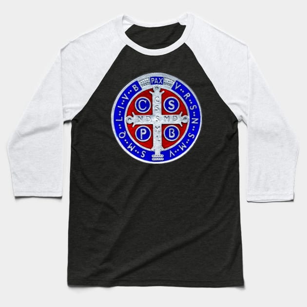 St. Benedict Medal Baseball T-Shirt by PilgrimPadre